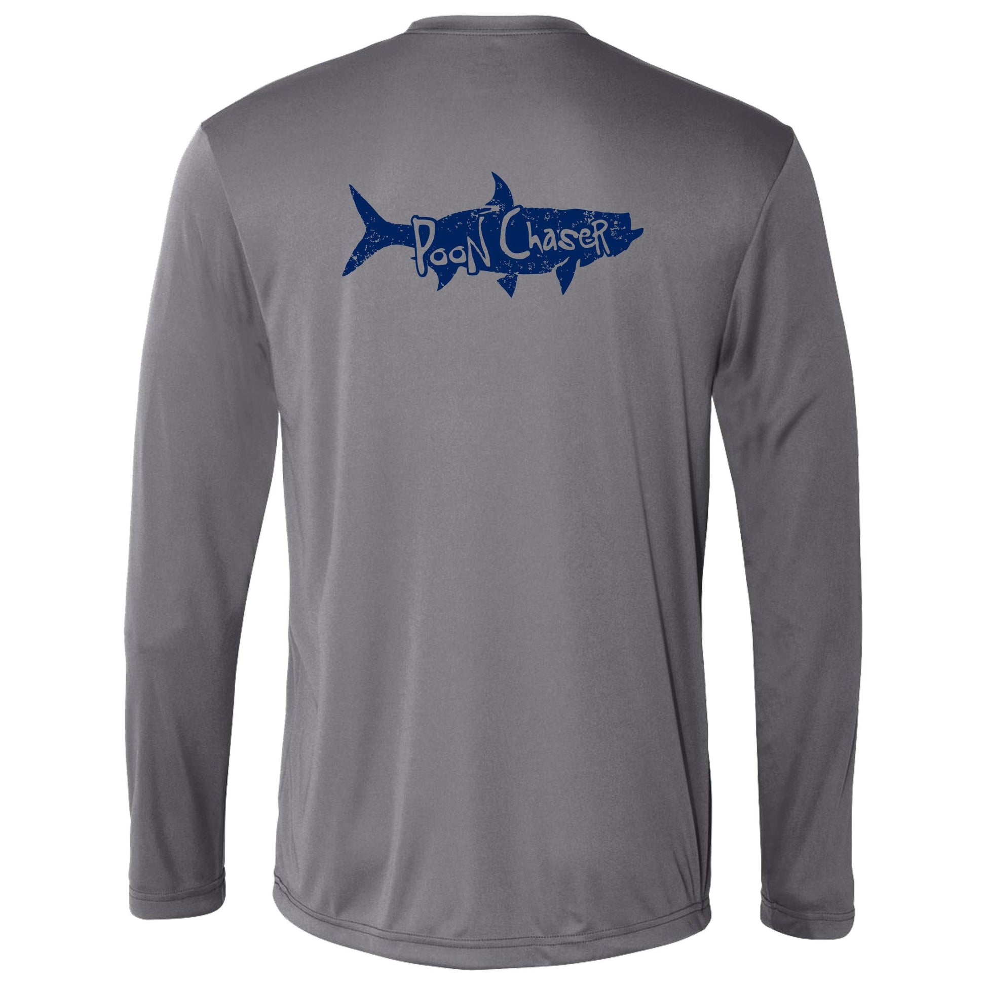 Men’s gray long sleeve performance fishing shirt with Tarpon “Poon Chaser” design and 50+ UPF sun protection