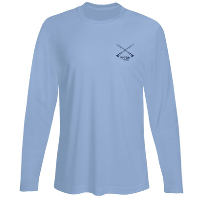 Men’s light blue long sleeve performance fishing shirt with Tarpon “Poon Chaser” design on back, Reel Fishy fly fishing rods logo on front,  and 50+ UPF sun protection.