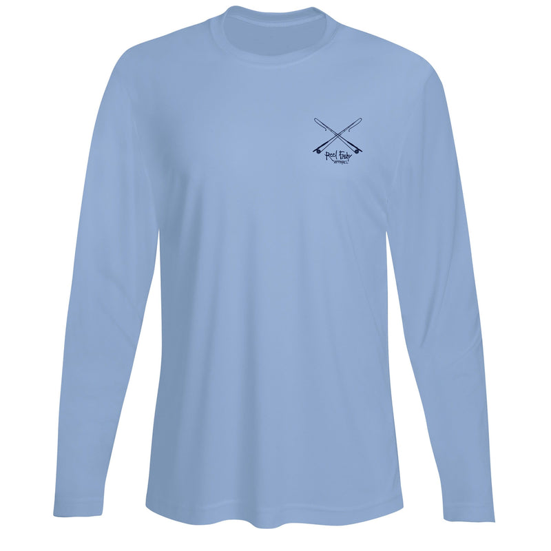 Men’s light blue long sleeve performance fishing shirt with Tarpon “Poon Chaser” design on back, Reel Fishy fly fishing rods logo on front,  and 50+ UPF sun protection.