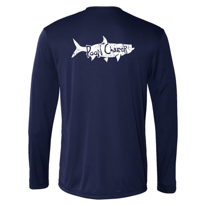 Men’s navy long sleeve performance fishing shirt with Tarpon “Poon Chaser” design and 50+ UPF sun protection