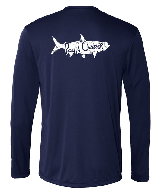 Men’s navy long sleeve performance fishing shirt with Tarpon “Poon Chaser” design and 50+ UPF sun protection