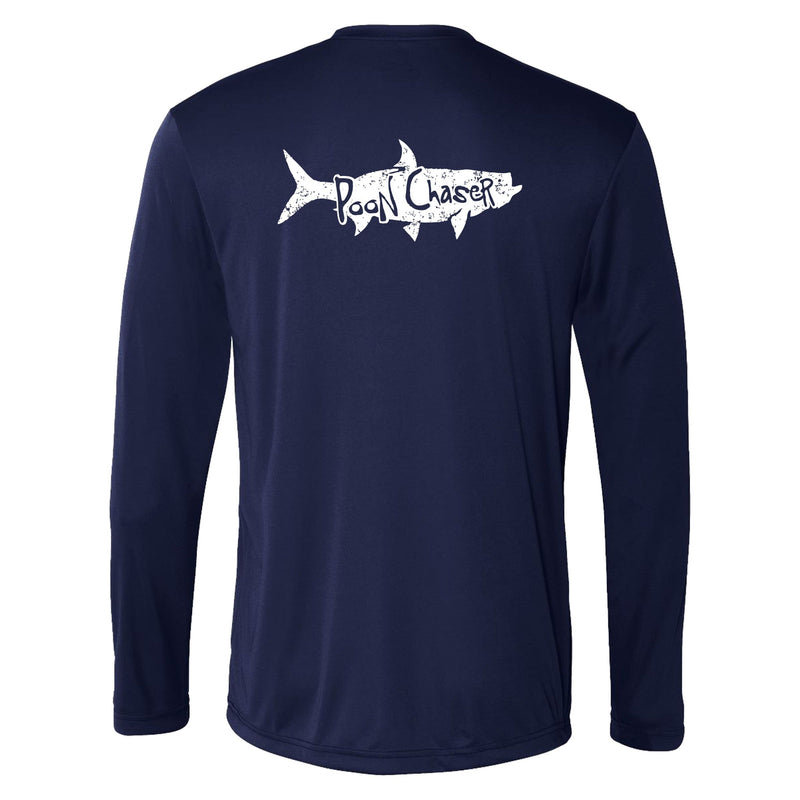 Men’s navy long sleeve performance fishing shirt with Tarpon “Poon Chaser” design and 50+ UPF sun protection