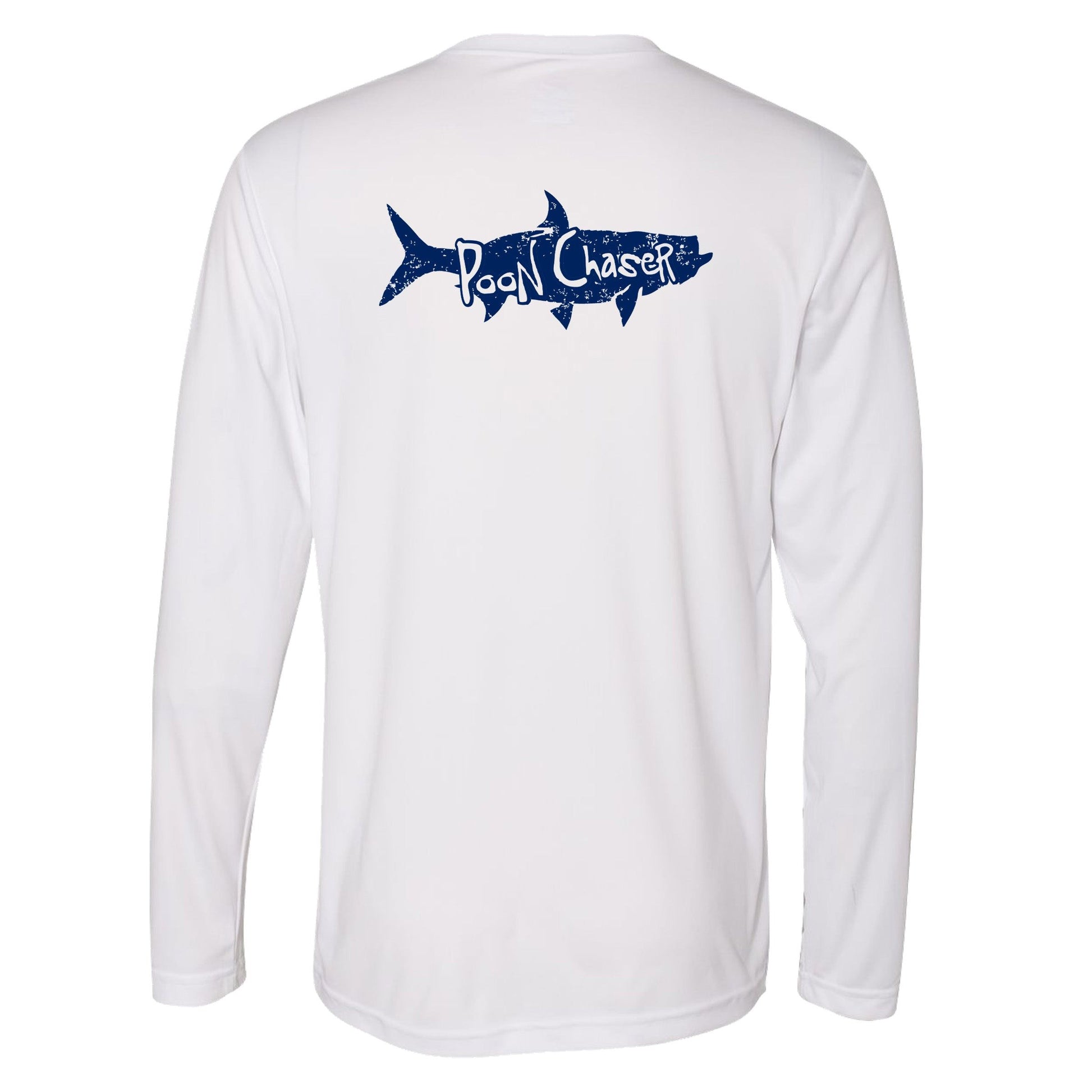 Men’s white long sleeve performance fishing shirt with Tarpon “Poon Chaser” design and 50+ UPF sun protection