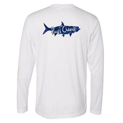 Men’s white long sleeve performance fishing shirt with Tarpon “Poon Chaser” design and 50+ UPF sun protection
