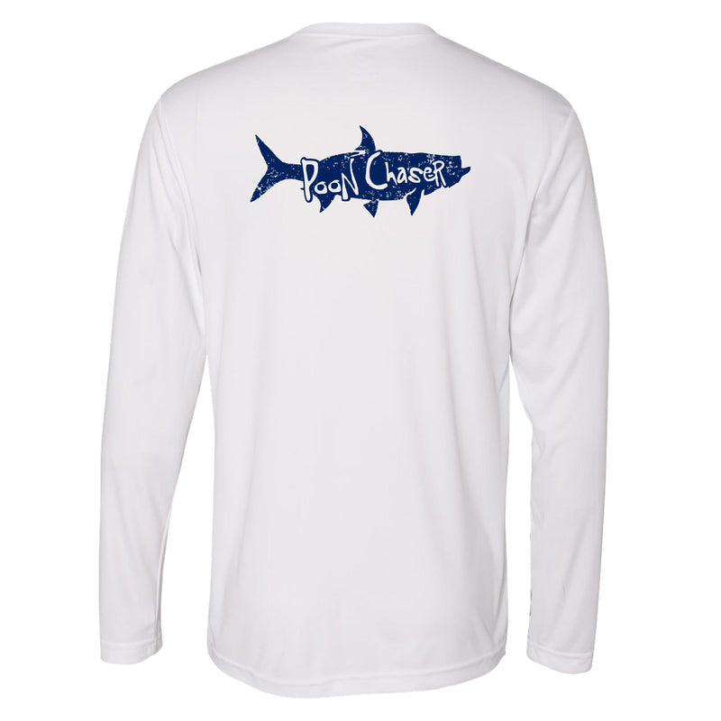 Men’s white long sleeve performance fishing shirt with Tarpon “Poon Chaser” design and 50+ UPF sun protection