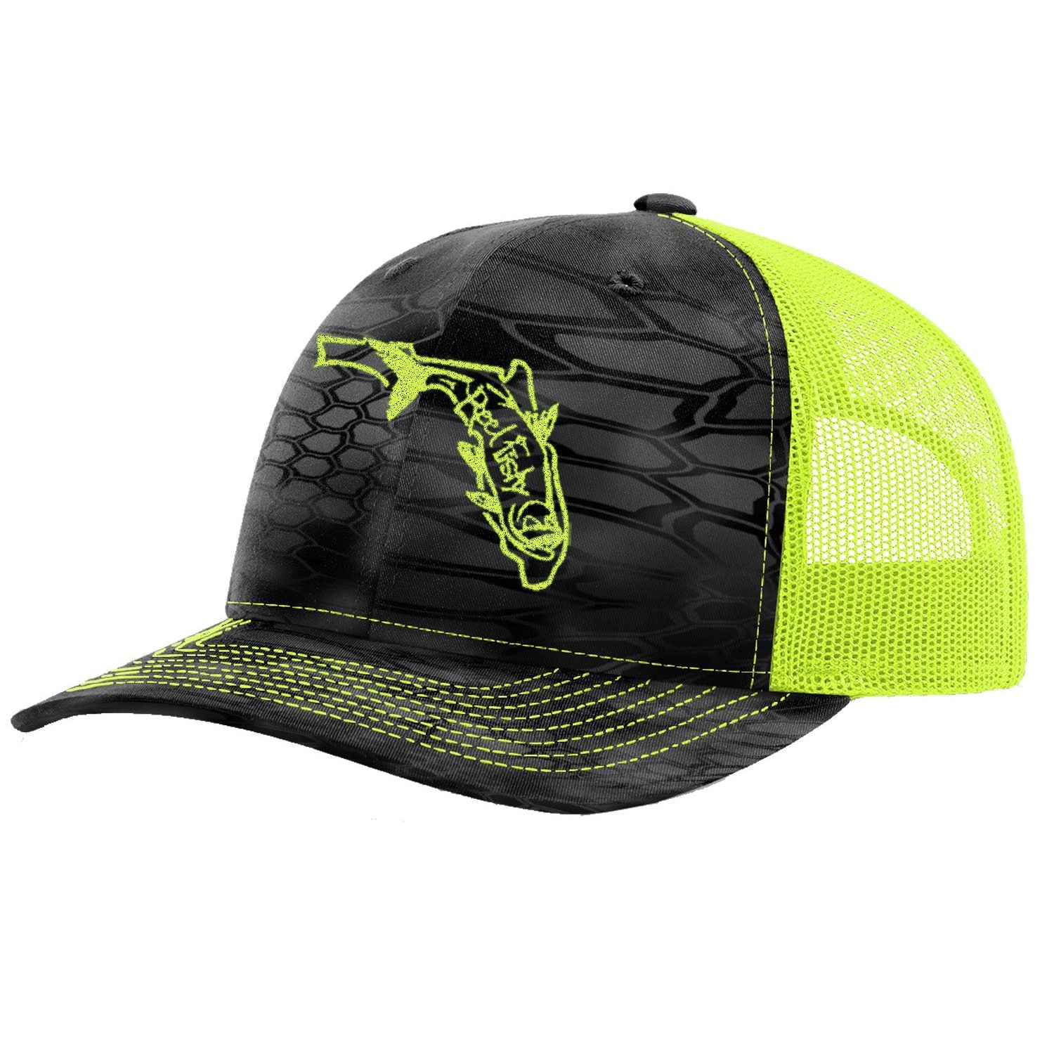 Reel Fishy Tarpon State of Florida design trucker hat in Kryptek Neon Yellow
