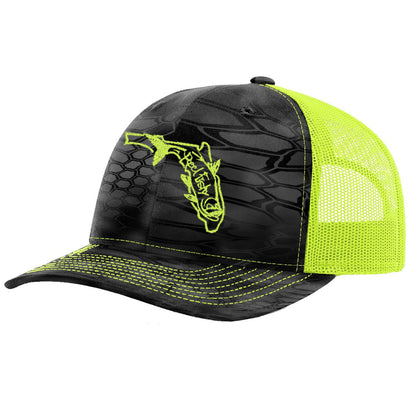 Reel Fishy Tarpon State of Florida design trucker hat in Kryptek Neon Yellow