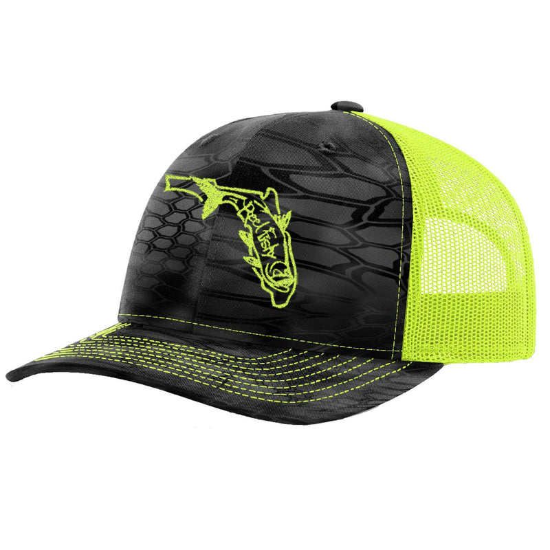 Reel Fishy Tarpon State of Florida design trucker hat in Kryptek Neon Yellow