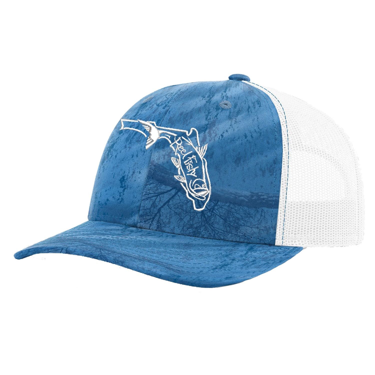 Reel Fishy Tarpon State of Florida design trucker hat in Realtree Blue and White