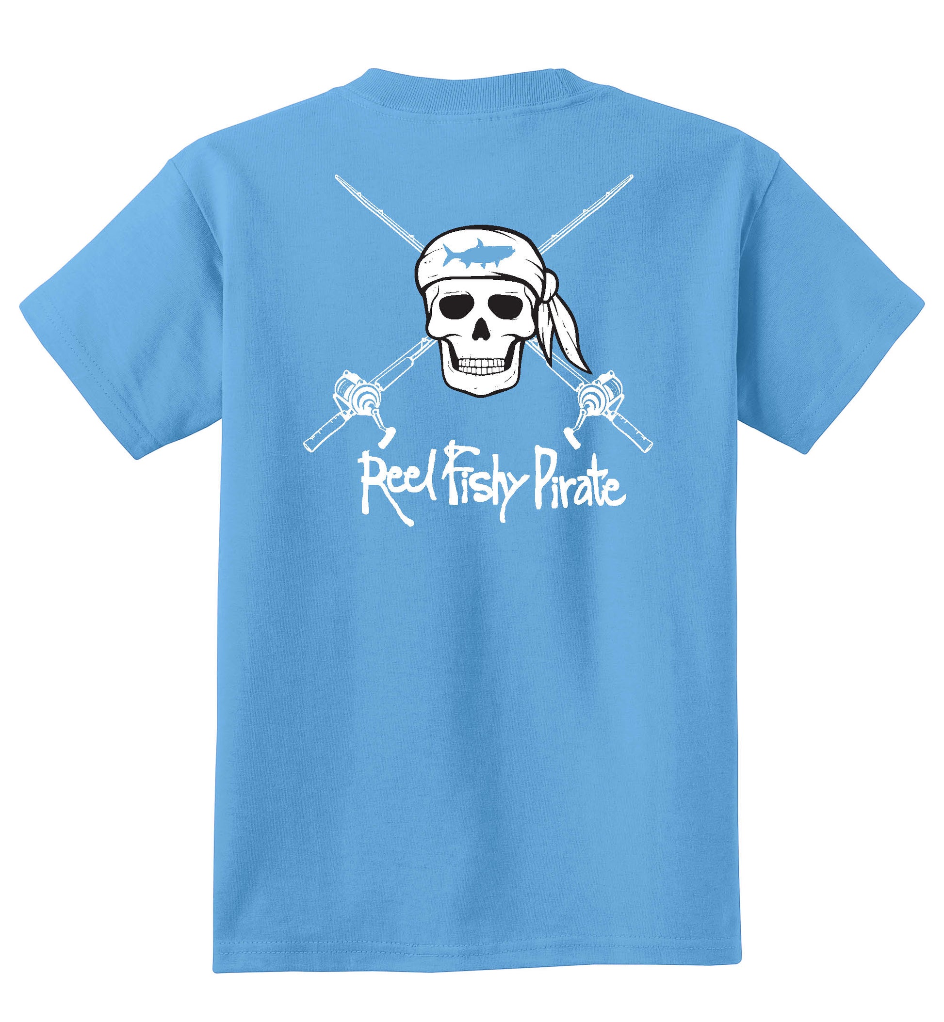 Youth Fishing Cotton T-shirts with Reel Fishy Pirate Skull & Salt Fishing Rods Logo M / Neon Blue