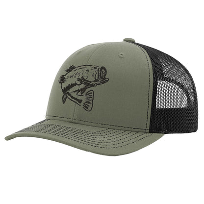 Bass Olive with Black Mesh Trucker Hat on Richardson 112 by Reel Fishy Apparel