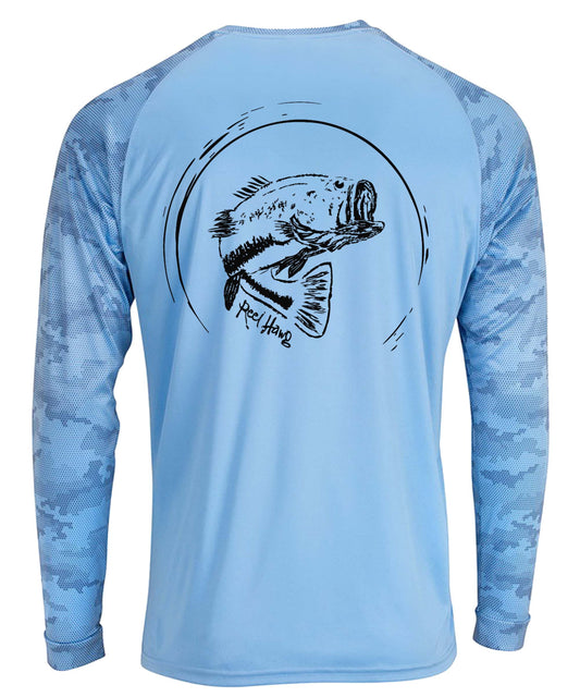 Reel Fishy "Reel Hawg" bass fishing blue mist digital camo long sleeve performance shirt with 50+ UV protection