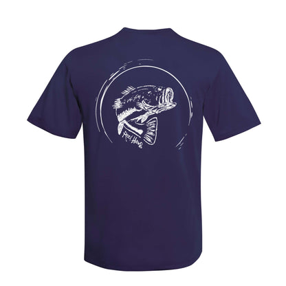 Reel Fishy "Reel Hawg" bass fishing navy short sleeve performance shirt with 50+ UV protection