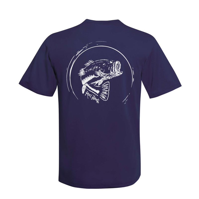 Reel Fishy "Reel Hawg" bass fishing navy short sleeve performance shirt with 50+ UV protection