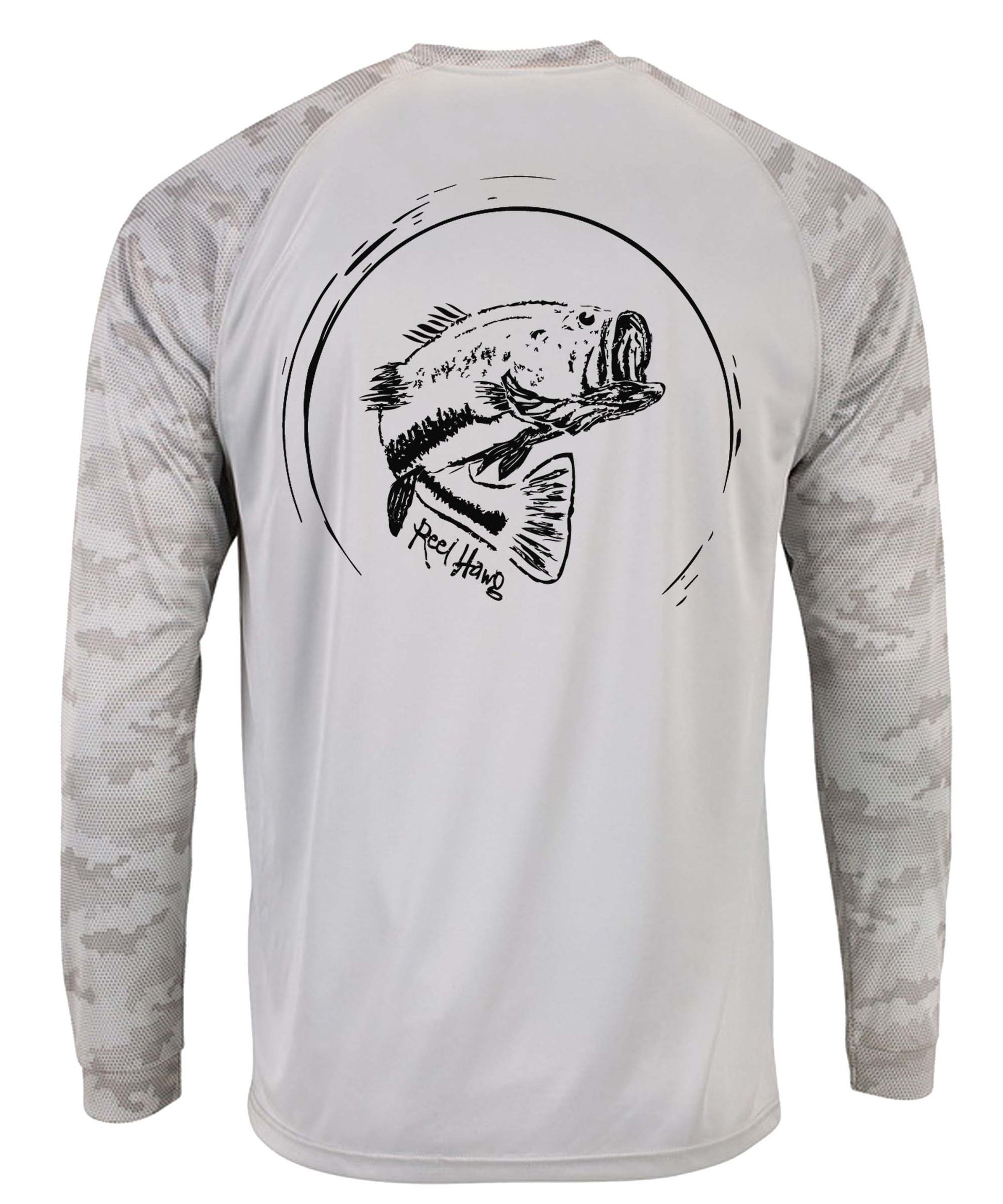 Bass fishing "Reel Hawg" light gray performance digital camo long sleeve shirt with 50+ UV sun protection by Reel Fishy