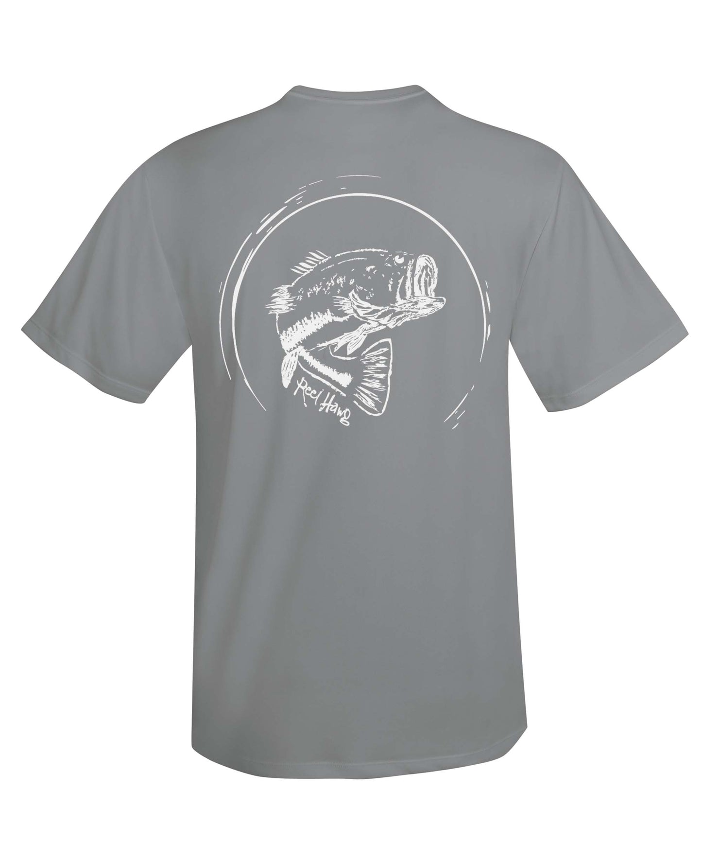 Bass fishing "Reel Hawg" gray performance short sleeve shirt with 50+ UV sun protection by Reel Fishy