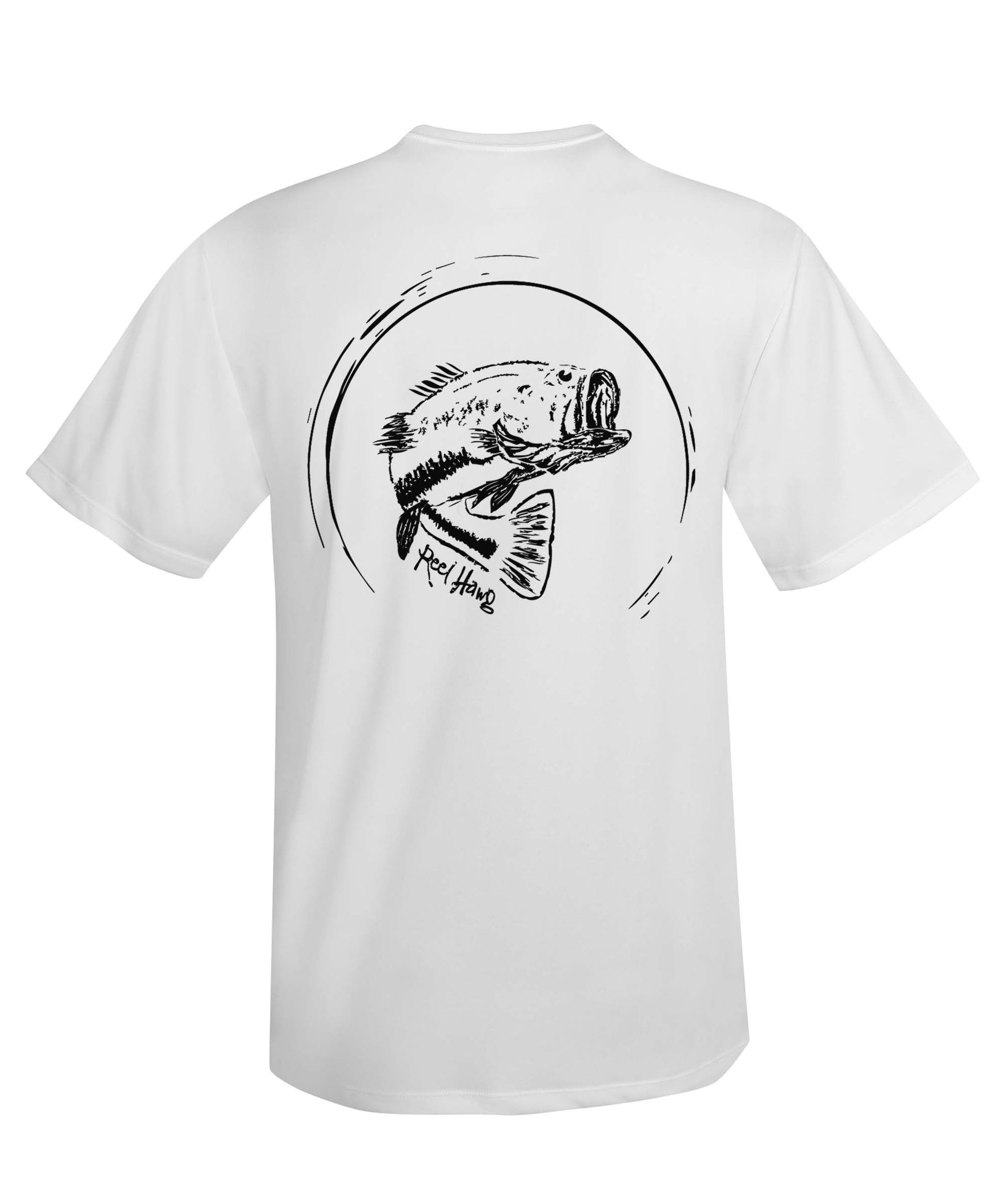 Bass fishing "Reel Hawg" white performance short sleeve shirt with 50+ UV sun protection by Reel Fishy