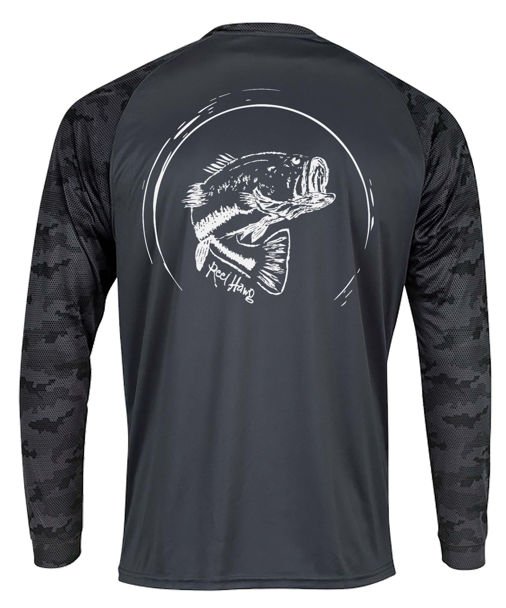 Bass fishing "Reel Hawg" graphite performance digital camo long sleeve shirt with 50+ UV sun protection by Reel Fishy
