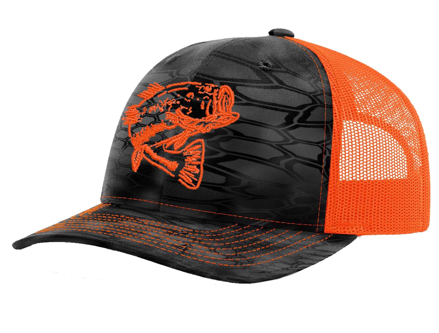 Bass "Reel Hawg" Structured Trucker Hat - Kryptek Neon Orange - Neon Orange Bass logo
