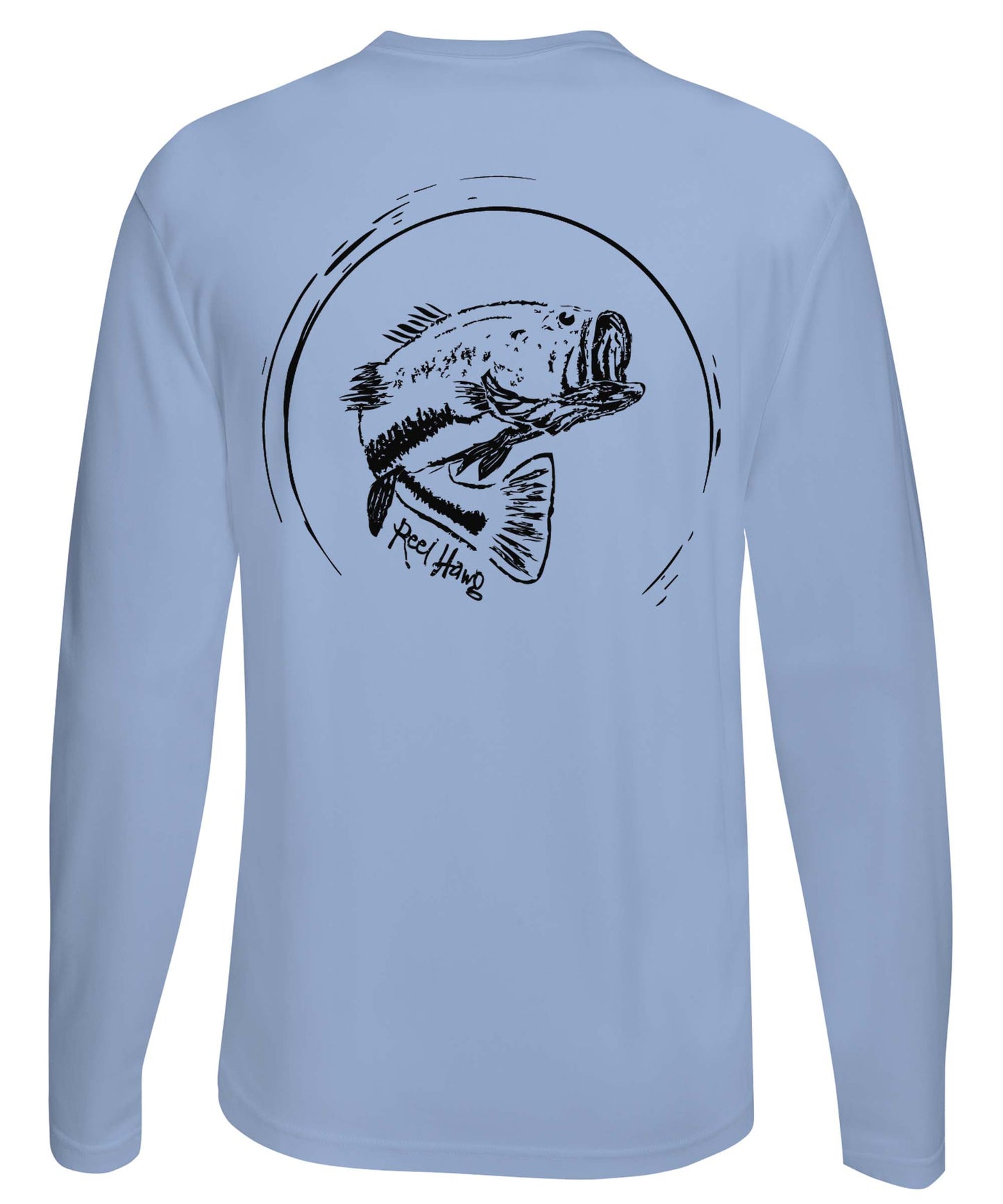 Bass fishing "Reel Hawg" light blue performance long sleeve shirt with 50+ UV sun protection by Reel Fishy