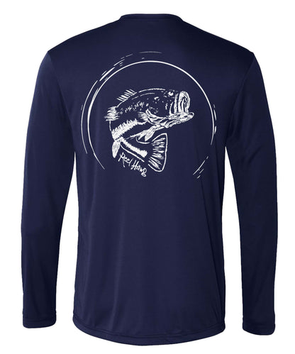 Bass fishing "Reel Hawg" navy performance long sleeve shirt with 50+ UV sun protection by Reel Fishy