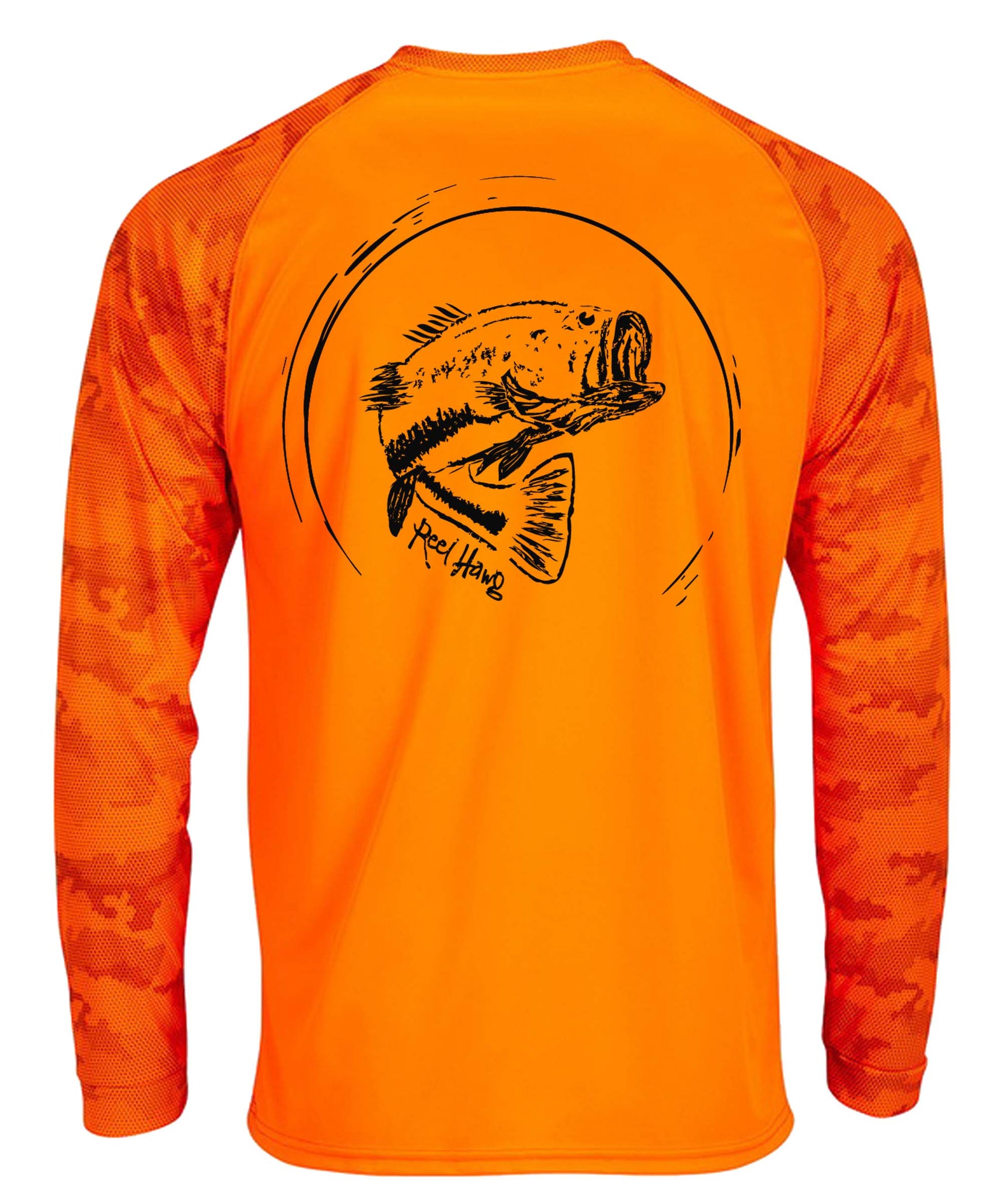Bass fishing "Reel Hawg" neon orange performance digital camo long sleeve shirt with 50+ UV sun protection by Reel Fishy