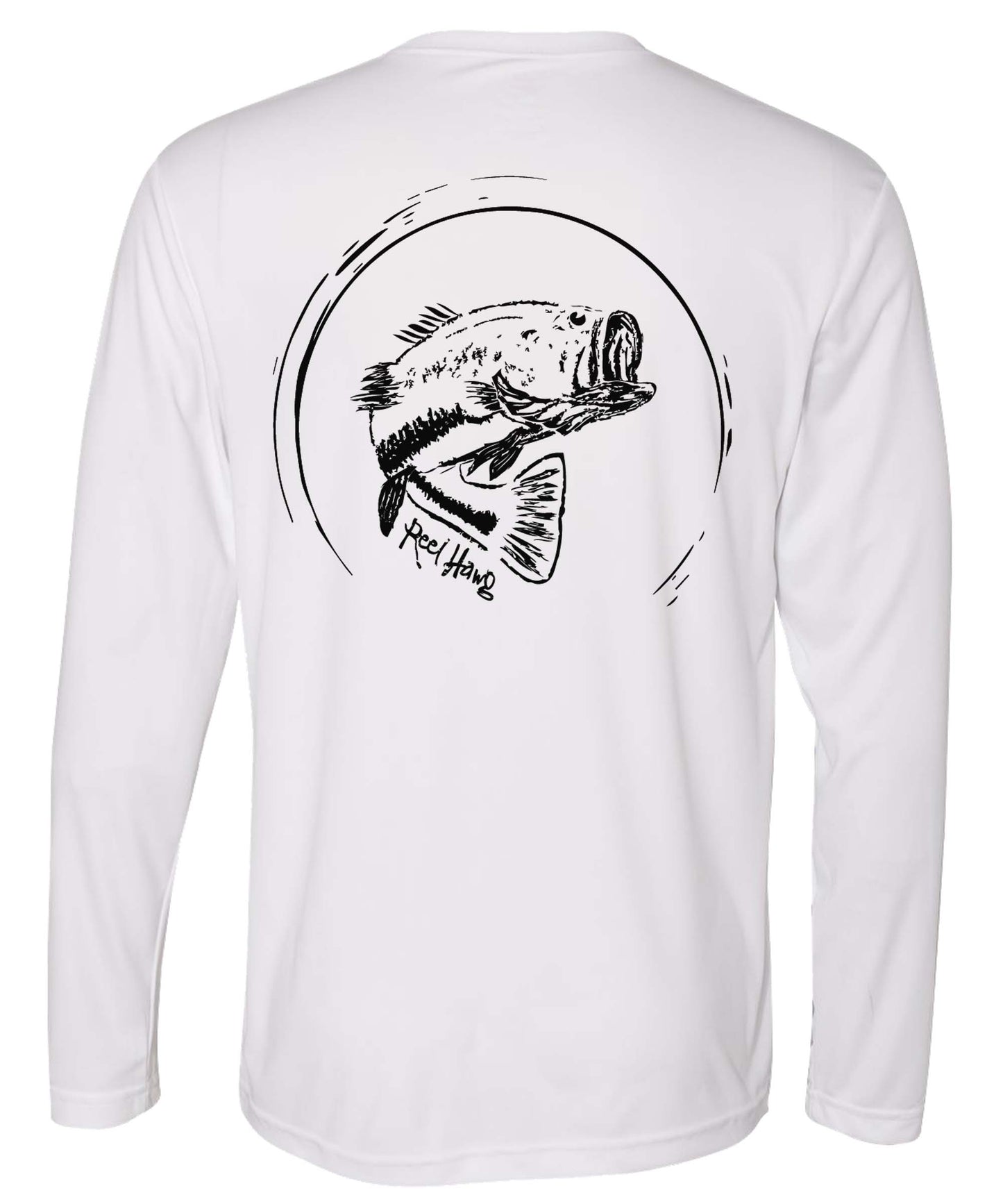 Bass fishing "Reel Hawg" white performance long sleeve shirt with 50+ UV sun protection by Reel Fishy