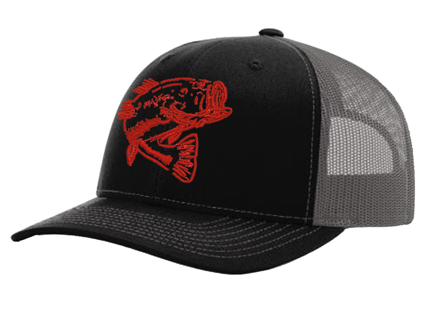 Bass "Reel Hawg" Structured Trucker Hat - Black/Gray Mesh - Red Bass logo