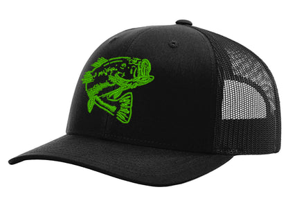 New Bass "Reel Hawg" Structured Trucker Hat - Black Solid - Green Bass logo