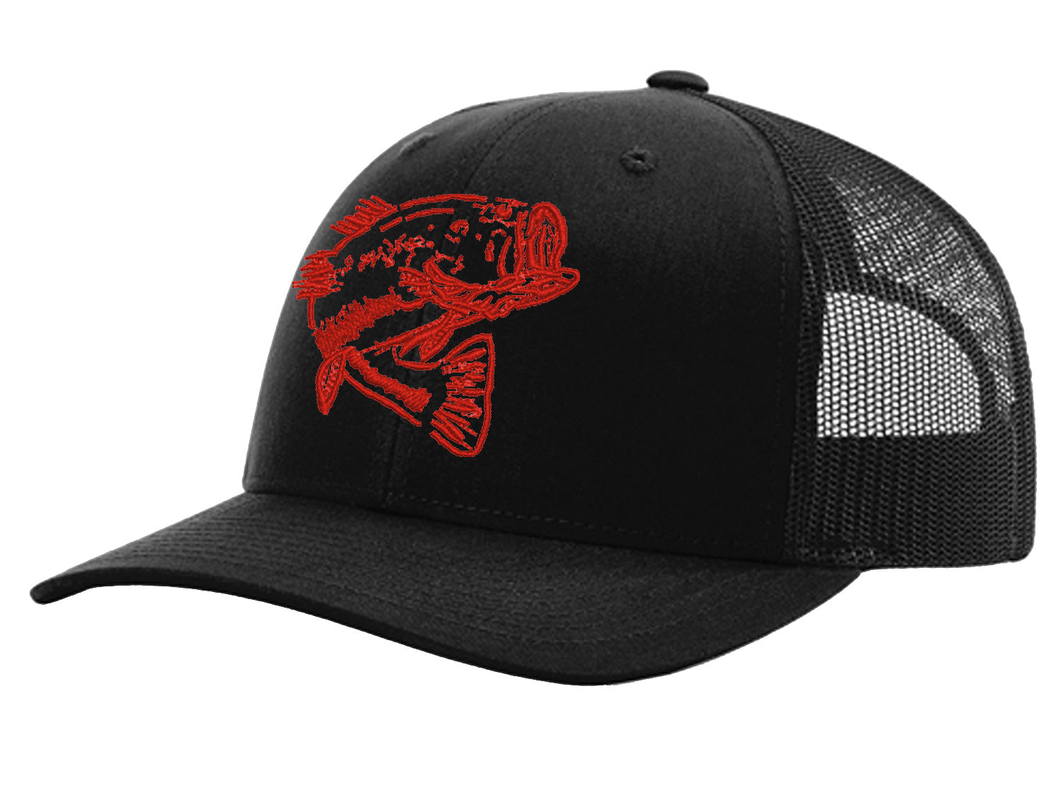 New Bass "Reel Hawg" Structured Trucker Hat - Black Solid - Red Bass logo