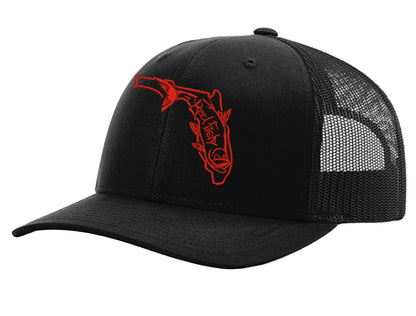 State of Florida Tarpon Reel Fishy Logo - Black Trucker hat w/Red Logo