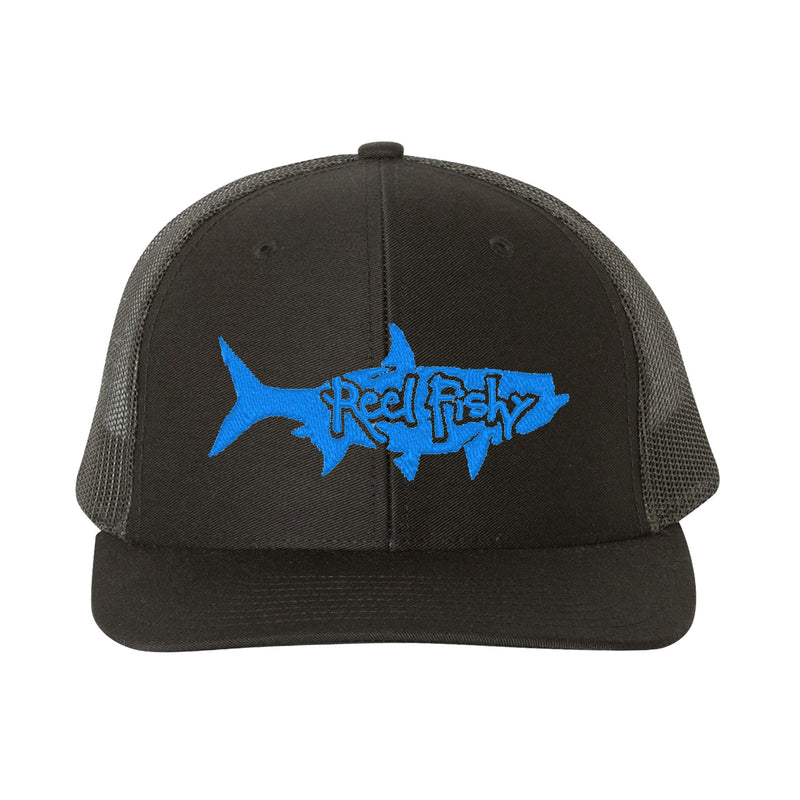 Black Trucker Hat with Turquoise Tarpon Reel Fishy Logo