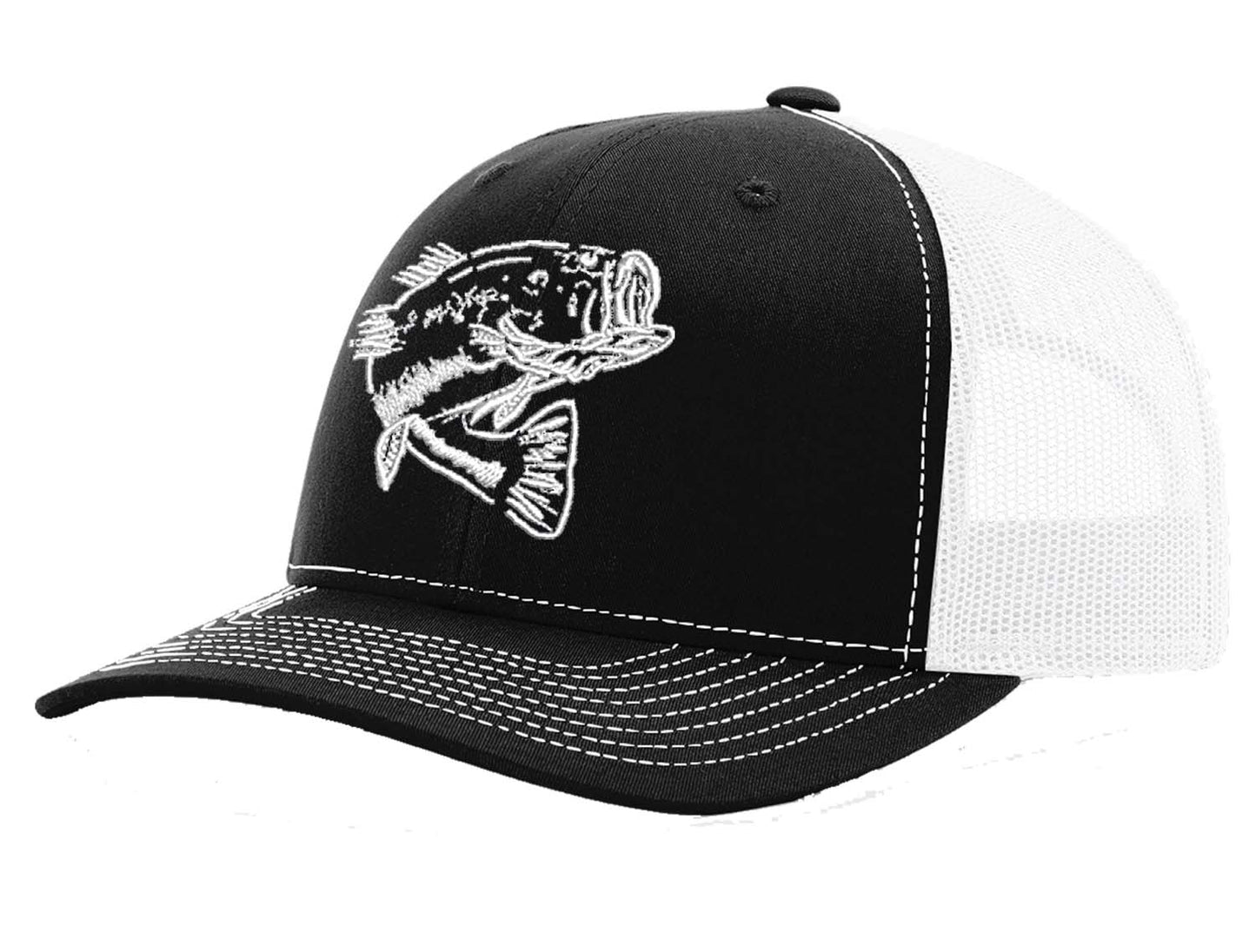 New Bass "Reel Hawg" Structured Trucker Hat - Black/White Mesh - White Bass logo
