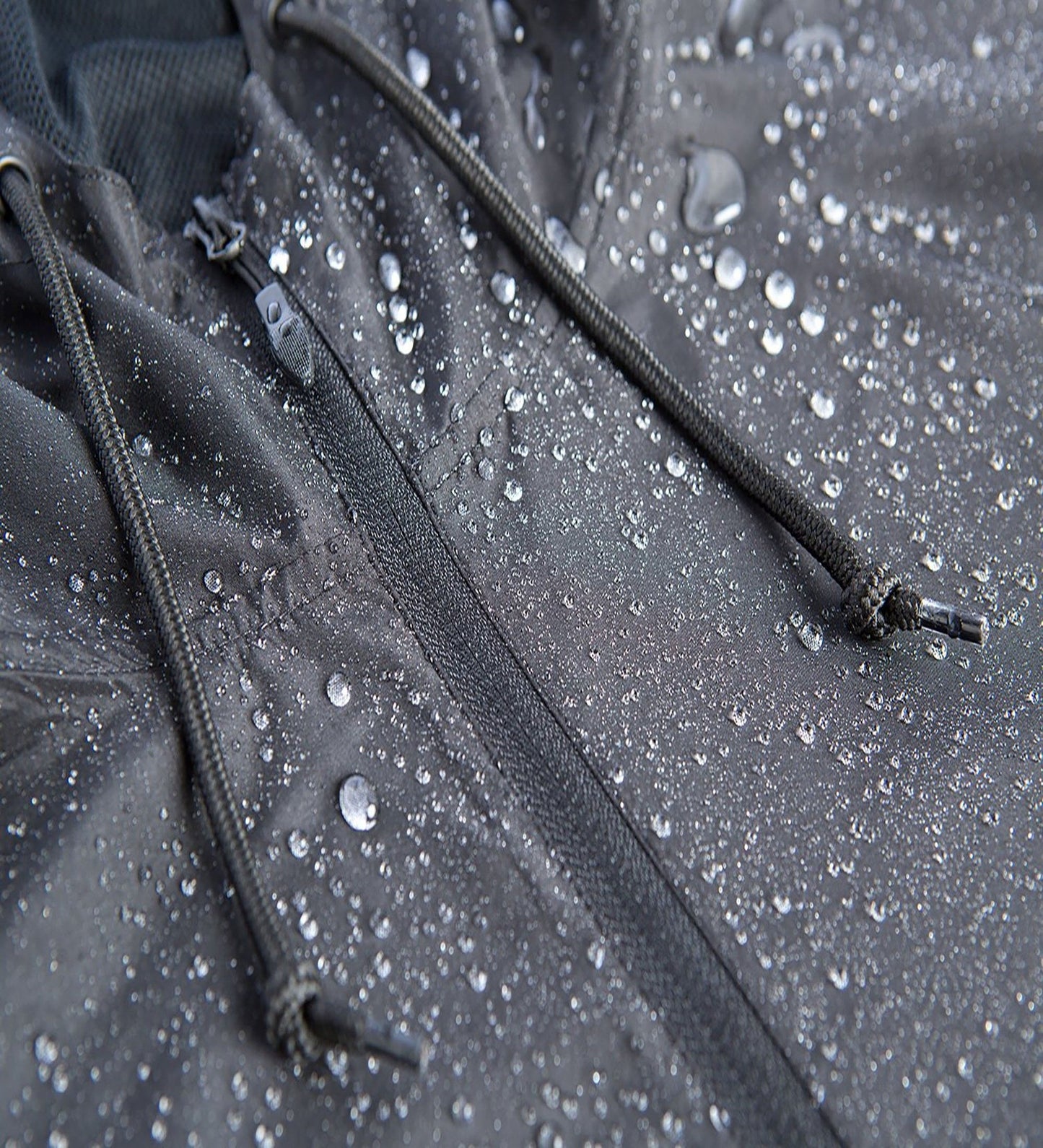 Close-up of Reel Fishy windbreaker with water beading on fabric, showing water-resistant material