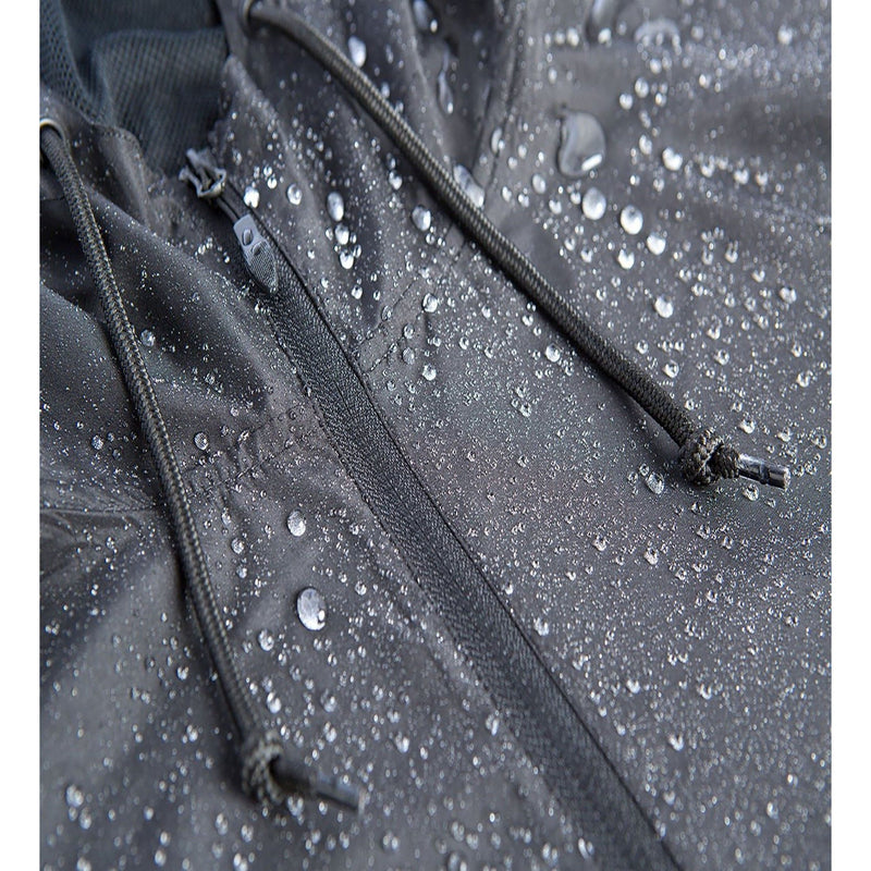Close-up of Reel Fishy windbreaker with water beading on fabric, showing water-resistant material