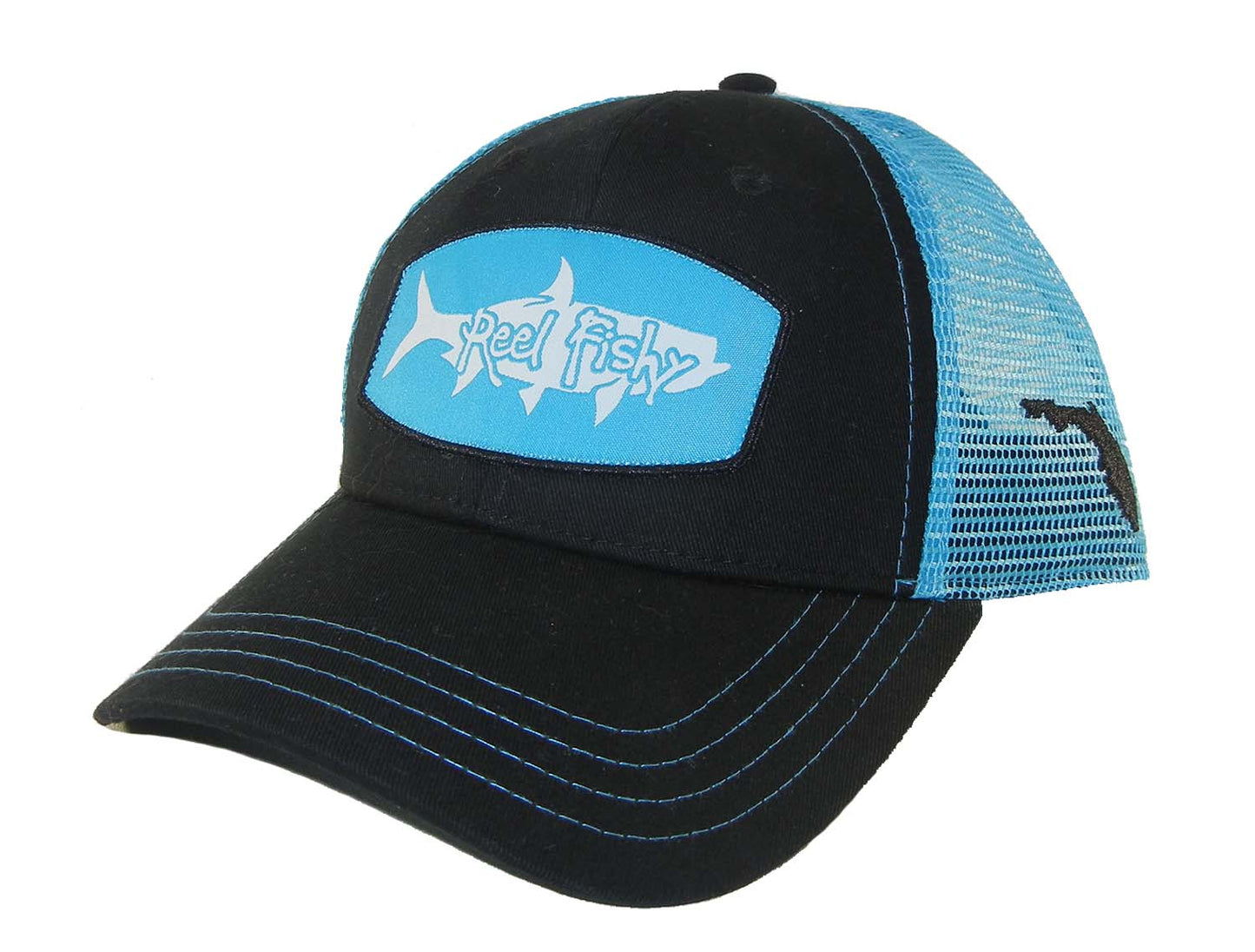 Tarpon Fishing Patch Trucker Hats with State of Florida Logo -*5 Colors! Black W/Aqua Patch