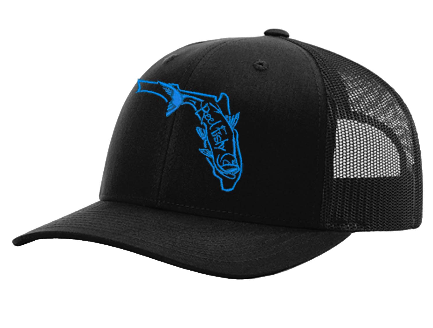 State of Florida Tarpon Reel Fishy Logo - Black Trucker Hat w/Neon Blue Logo