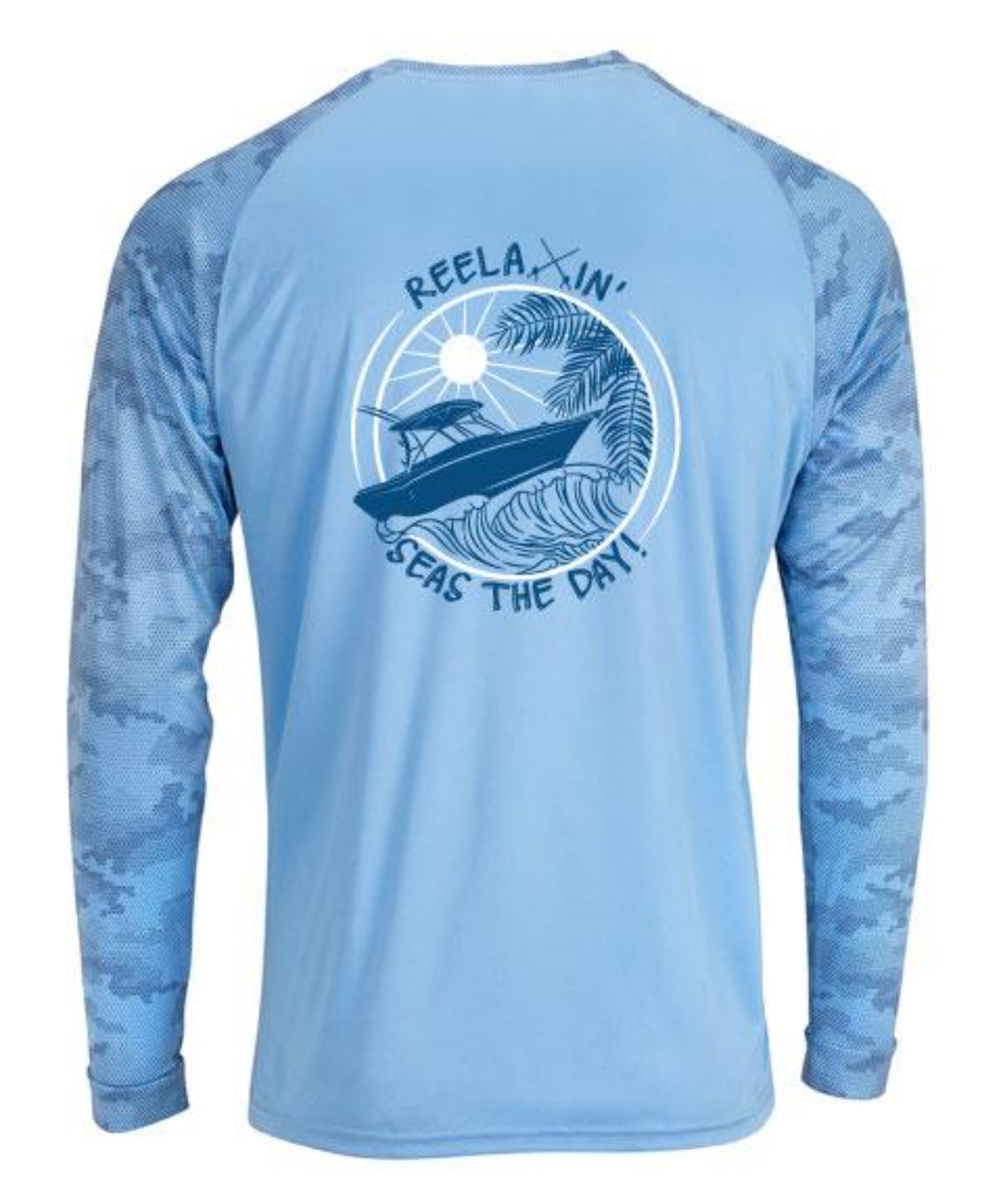 Blue Mist Reelaxin' Digital Camo Performance Dry-Fit Fishing Long Sleeve Shirts, 50+ UPF Sun Protection  - Reel Fishy Apparel