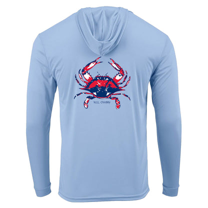 Light blue Blue Crab "Reel Crabby" dri-fit 50+ sun protection long sleeve hoodie