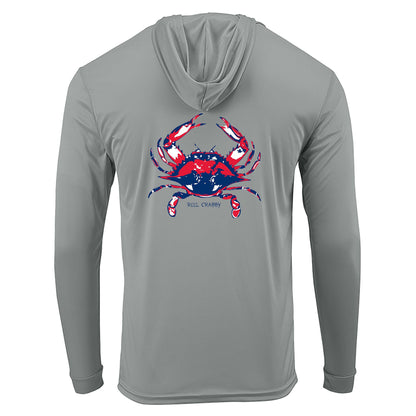 Medium gray Blue Crab "Reel Crabby" dri-fit 50+ sun protection long sleeve hoodie