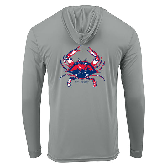Medium gray Blue Crab "Reel Crabby" dri-fit 50+ sun protection long sleeve hoodie