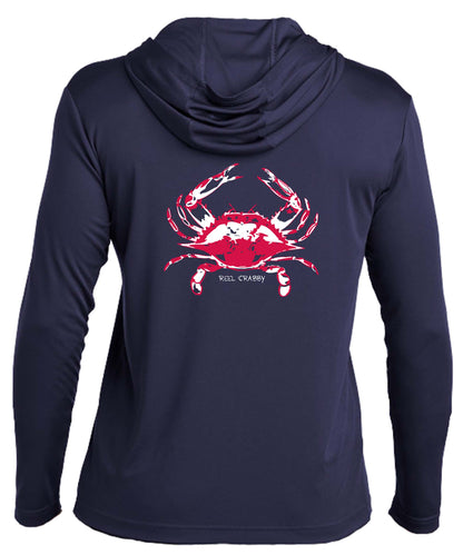 Navy Blue Crab "Reel Crabby" dri-fit 50+ sun protection long sleeve hoodie