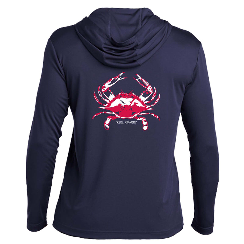 Navy Blue Crab "Reel Crabby" dri-fit 50+ sun protection long sleeve hoodie