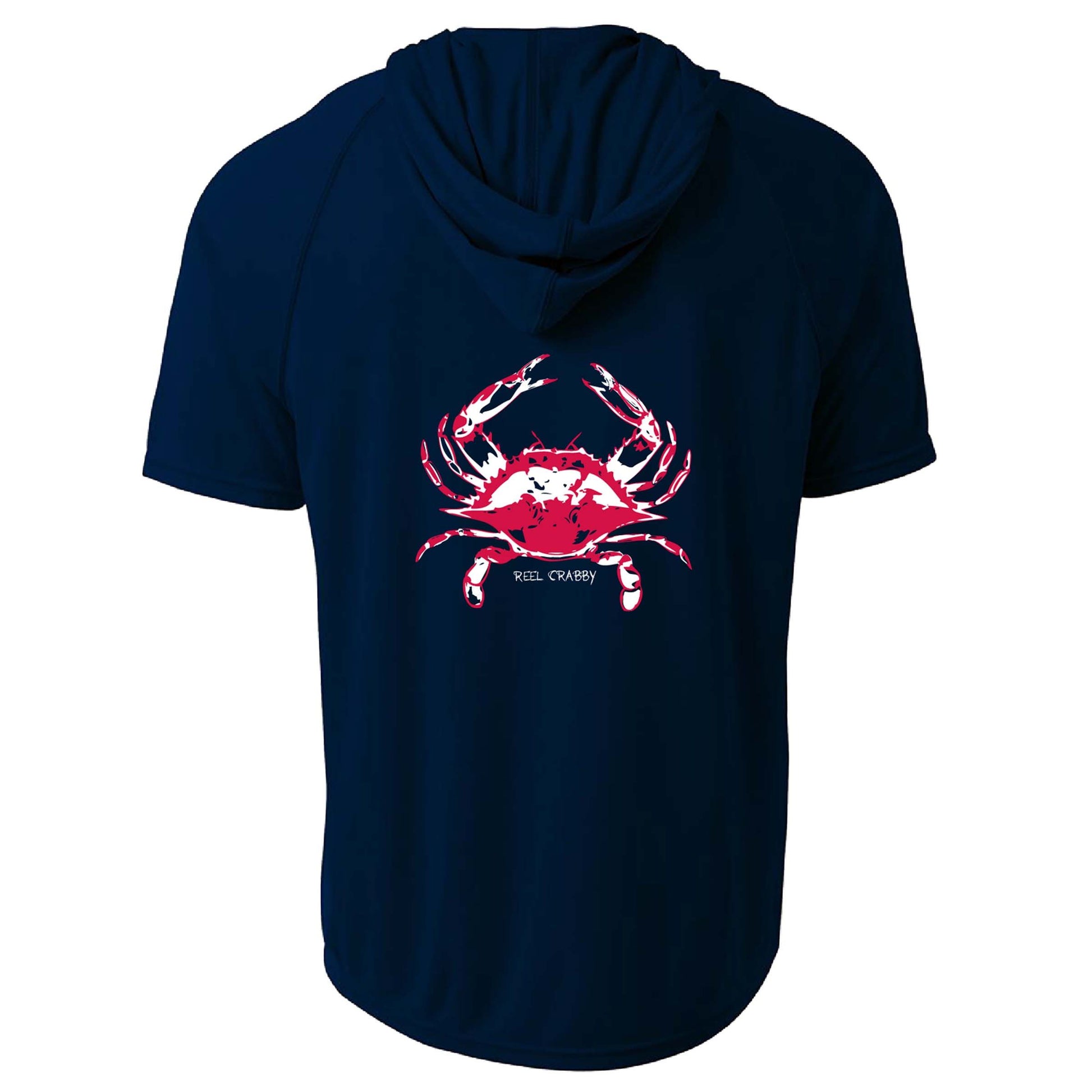 Navy Blue Crab "Reel Crabby" dri-fit 50+ sun protection short sleeve hoodie