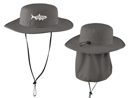 Charcoal boonie fishing hat with tarpon logo, 30+ UPF sun protection.