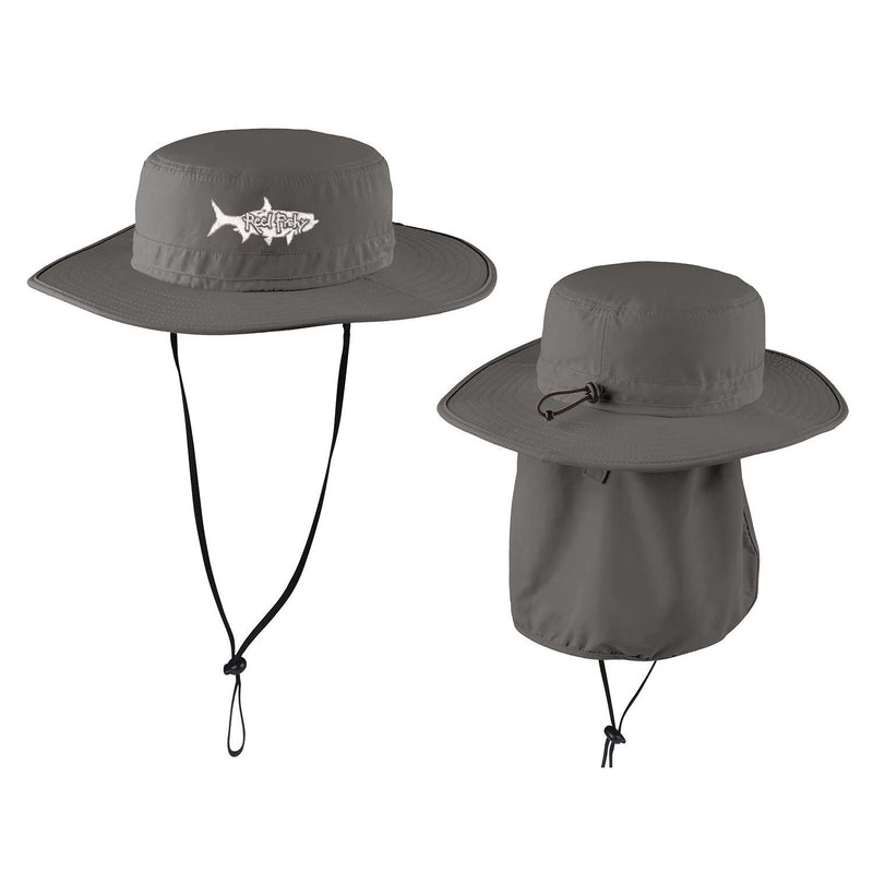 Charcoal boonie fishing hat with tarpon logo, 30+ UPF sun protection.
