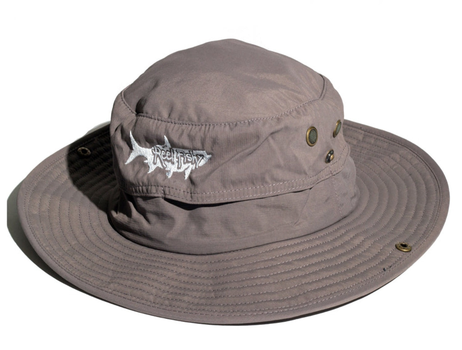 Gray boonie fishing hat with tarpon logo, 30+ UPF sun protection.