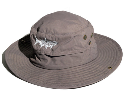 Gray boonie fishing hat with tarpon logo, 30+ UPF sun protection.