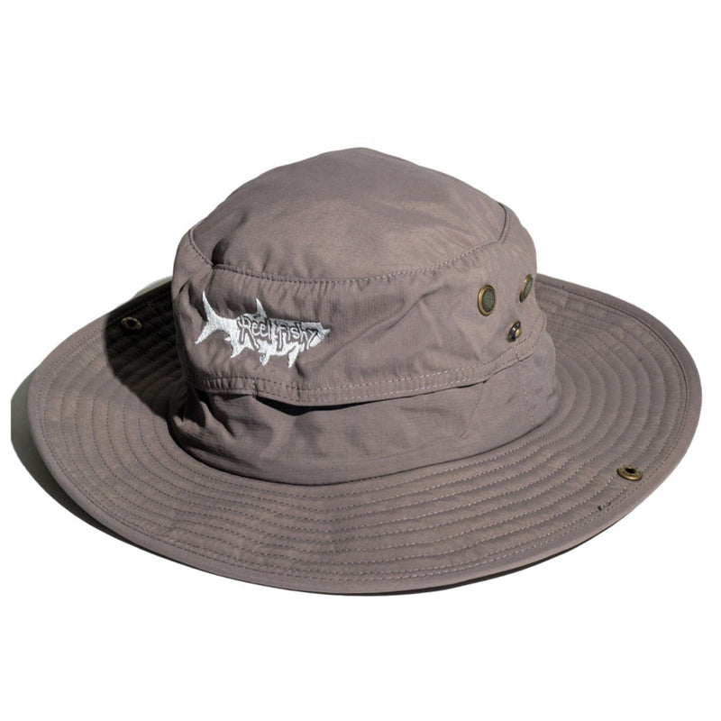 Gray boonie fishing hat with tarpon logo, 30+ UPF sun protection.