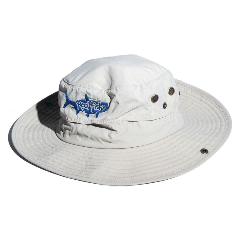 Tan boonie fishing hat with tarpon logo, 30+ UPF sun protection.